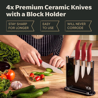 Ceramic Knife Set in Elegant Gift Box, Ceramic Knives Set For Kitchen, Ultra Sharp Kitchen Knife Set with Covers, 4" 5" 6" Paring, Santoku & Chef Knife, Lightweight, Dishwasher safe (Black Handle)