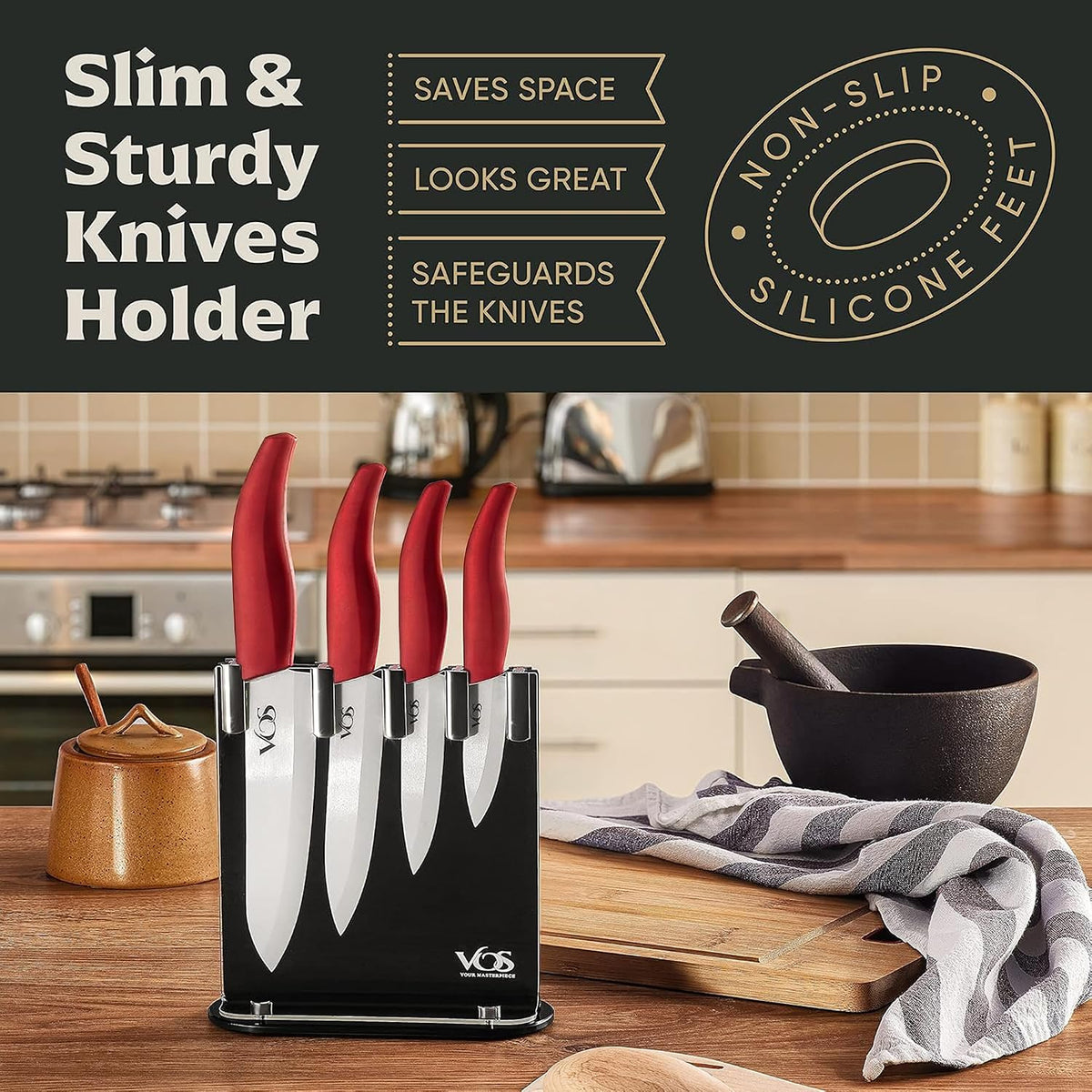 Ceramic Knife Set in Elegant Gift Box, Ceramic Knives Set For Kitchen, Ultra Sharp Kitchen Knife Set with Covers, 4" 5" 6" Paring, Santoku & Chef Knife, Lightweight, Dishwasher safe (Black Handle)