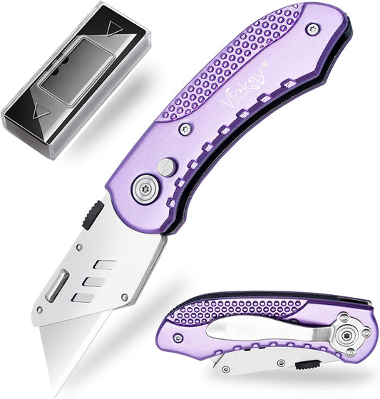 Folding Utility Knife, Box Cutter with 5 SK5 Quick Change Blades, Safety Axis Lock Design Razor Knife, Lightweight Aluminum Handle Belt Clip for Office Home Artcraft （Light Purple)