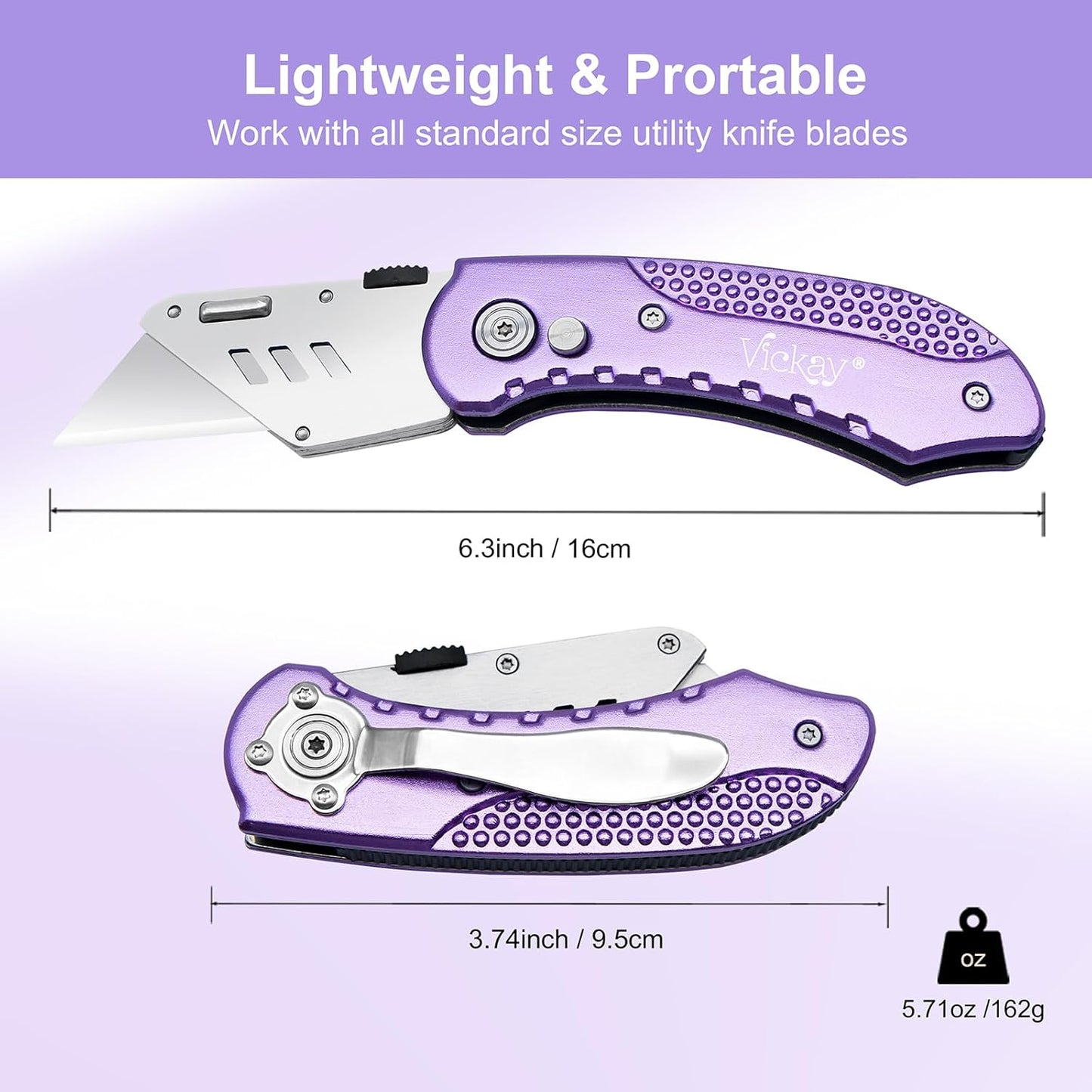 Folding Utility Knife, Box Cutter with 5 SK5 Quick Change Blades, Safety Axis Lock Design Razor Knife, Lightweight Aluminum Handle Belt Clip for Office Home Artcraft （Light Purple)