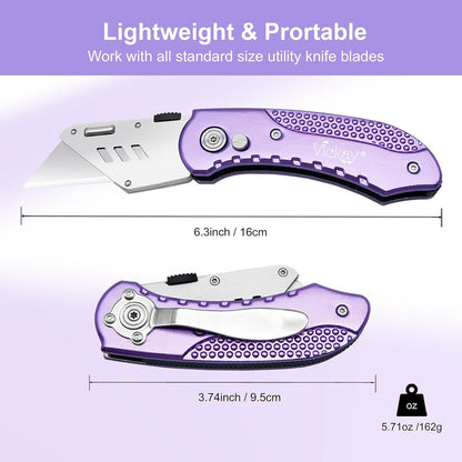 Folding Utility Knife, Box Cutter with 5 SK5 Quick Change Blades, Safety Axis Lock Design Razor Knife, Lightweight Aluminum Handle Belt Clip for Office Home Artcraft （Light Purple)