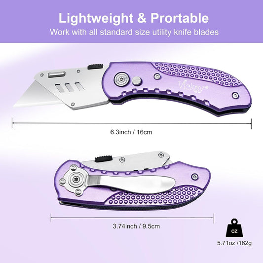Folding Utility Knife, Box Cutter with 5 SK5 Quick Change Blades, Safety Axis Lock Design Razor Knife, Lightweight Aluminum Handle Belt Clip for Office Home Artcraft （Light Purple)