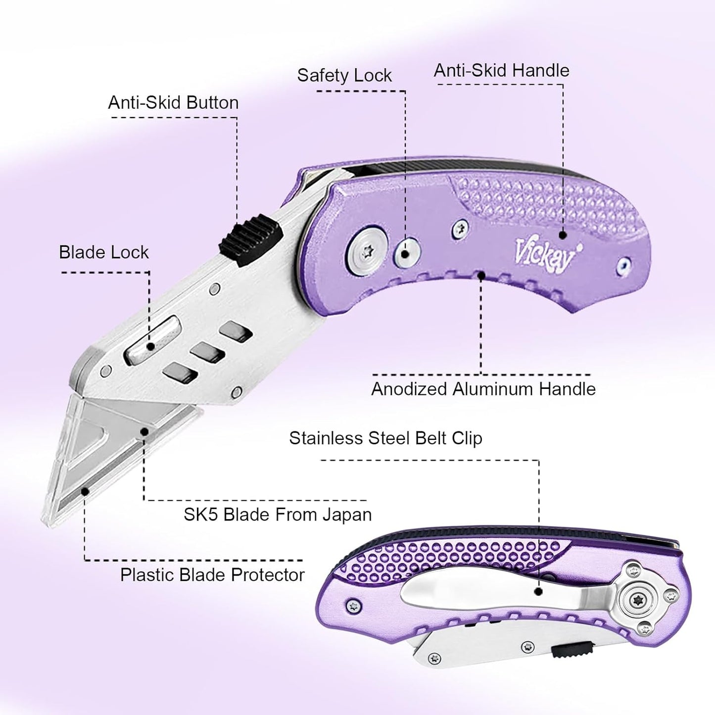 Folding Utility Knife, Box Cutter with 5 SK5 Quick Change Blades, Safety Axis Lock Design Razor Knife, Lightweight Aluminum Handle Belt Clip for Office Home Artcraft （Light Purple)