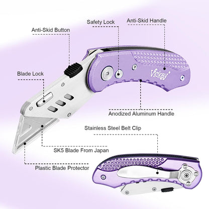 Folding Utility Knife, Box Cutter with 5 SK5 Quick Change Blades, Safety Axis Lock Design Razor Knife, Lightweight Aluminum Handle Belt Clip for Office Home Artcraft （Light Purple)