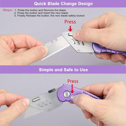 Folding Utility Knife, Box Cutter with 5 SK5 Quick Change Blades, Safety Axis Lock Design Razor Knife, Lightweight Aluminum Handle Belt Clip for Office Home Artcraft （Light Purple)