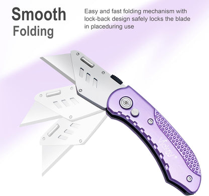 Folding Utility Knife, Box Cutter with 5 SK5 Quick Change Blades, Safety Axis Lock Design Razor Knife, Lightweight Aluminum Handle Belt Clip for Office Home Artcraft （Light Purple)