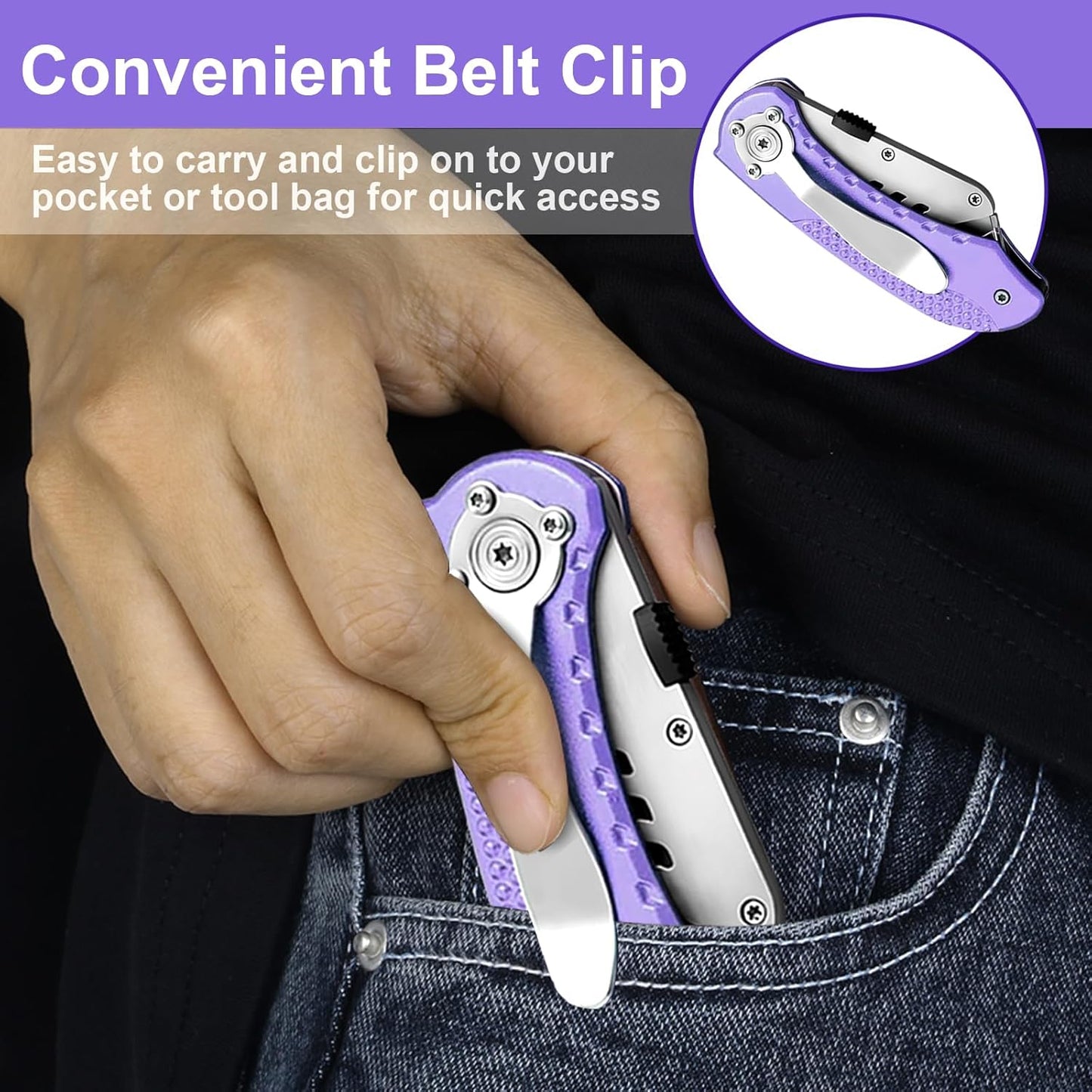 Folding Utility Knife, Box Cutter with 5 SK5 Quick Change Blades, Safety Axis Lock Design Razor Knife, Lightweight Aluminum Handle Belt Clip for Office Home Artcraft （Light Purple)