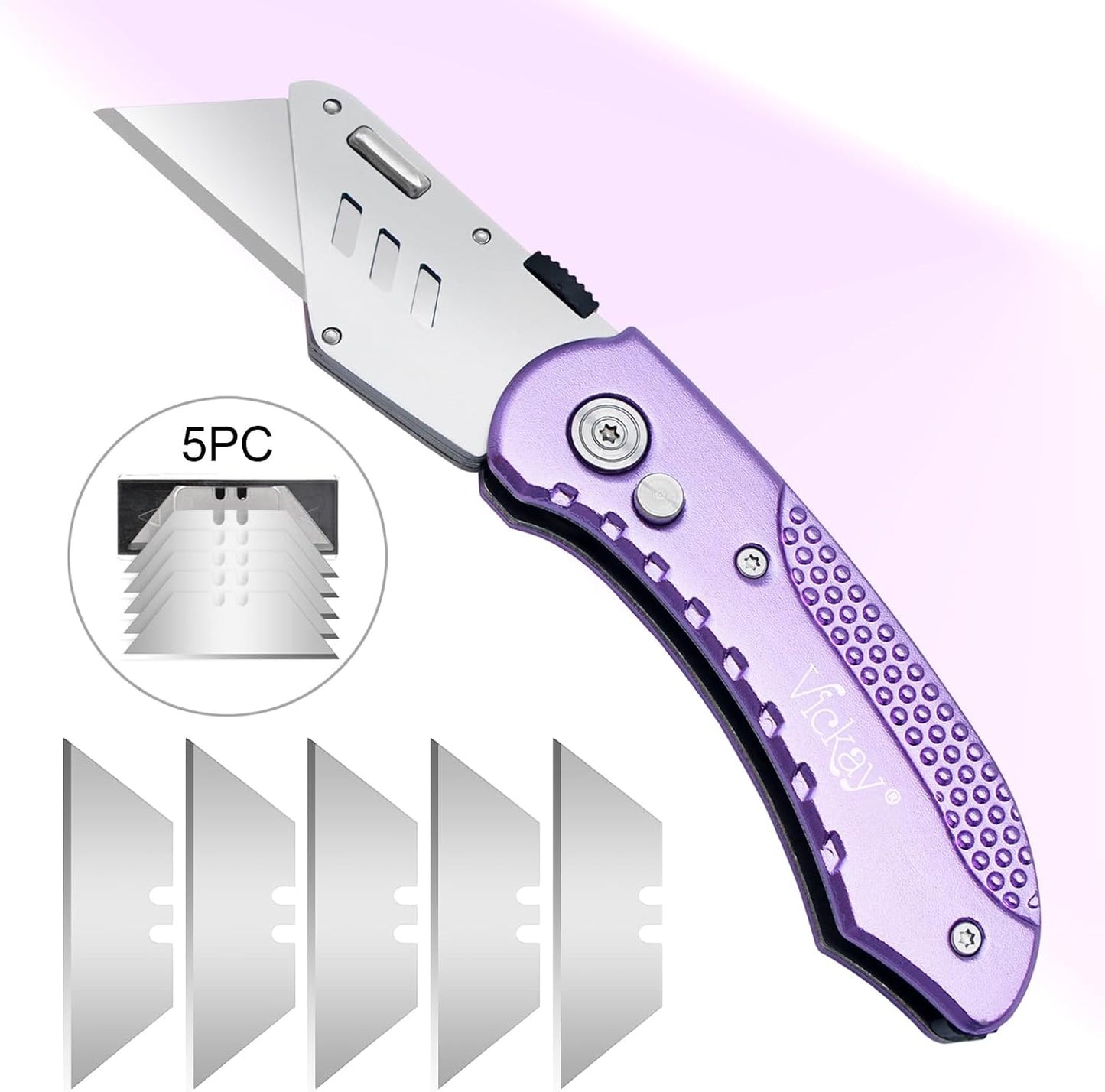 Folding Utility Knife, Box Cutter with 5 SK5 Quick Change Blades, Safety Axis Lock Design Razor Knife, Lightweight Aluminum Handle Belt Clip for Office Home Artcraft （Light Purple)