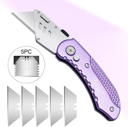 Folding Utility Knife, Box Cutter with 5 SK5 Quick Change Blades, Safety Axis Lock Design Razor Knife, Lightweight Aluminum Handle Belt Clip for Office Home Artcraft （Light Purple)