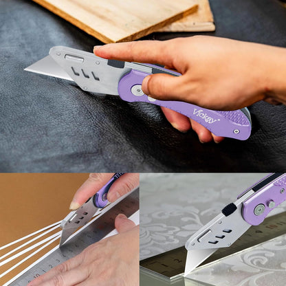 Folding Utility Knife, Box Cutter with 5 SK5 Quick Change Blades, Safety Axis Lock Design Razor Knife, Lightweight Aluminum Handle Belt Clip for Office Home Artcraft （Light Purple)