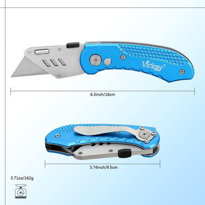 Folding Utility Knife, Box Cutter with 5 SK5 Quick Change Blades, Safety Axis Lock Design Razor Knife, Lightweight Aluminum Handle Belt Clip for Office Home Artcraft （Light Purple)