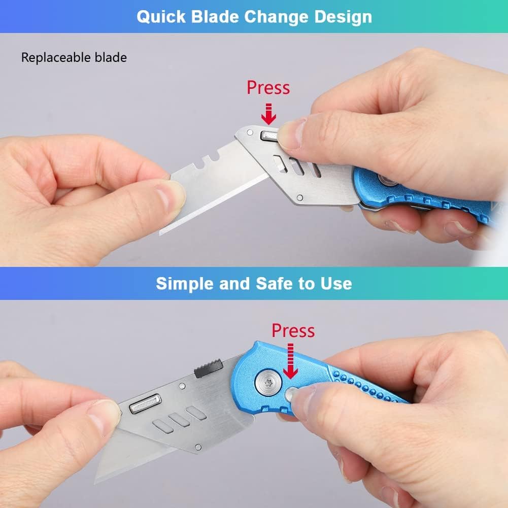 Folding Utility Knife, Box Cutter with 5 SK5 Quick Change Blades, Safety Axis Lock Design Razor Knife, Lightweight Aluminum Handle Belt Clip for Office Home Artcraft （Light Purple)