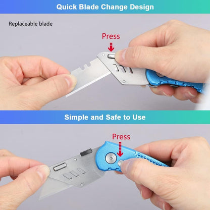 Folding Utility Knife, Box Cutter with 5 SK5 Quick Change Blades, Safety Axis Lock Design Razor Knife, Lightweight Aluminum Handle Belt Clip for Office Home Artcraft （Light Purple)