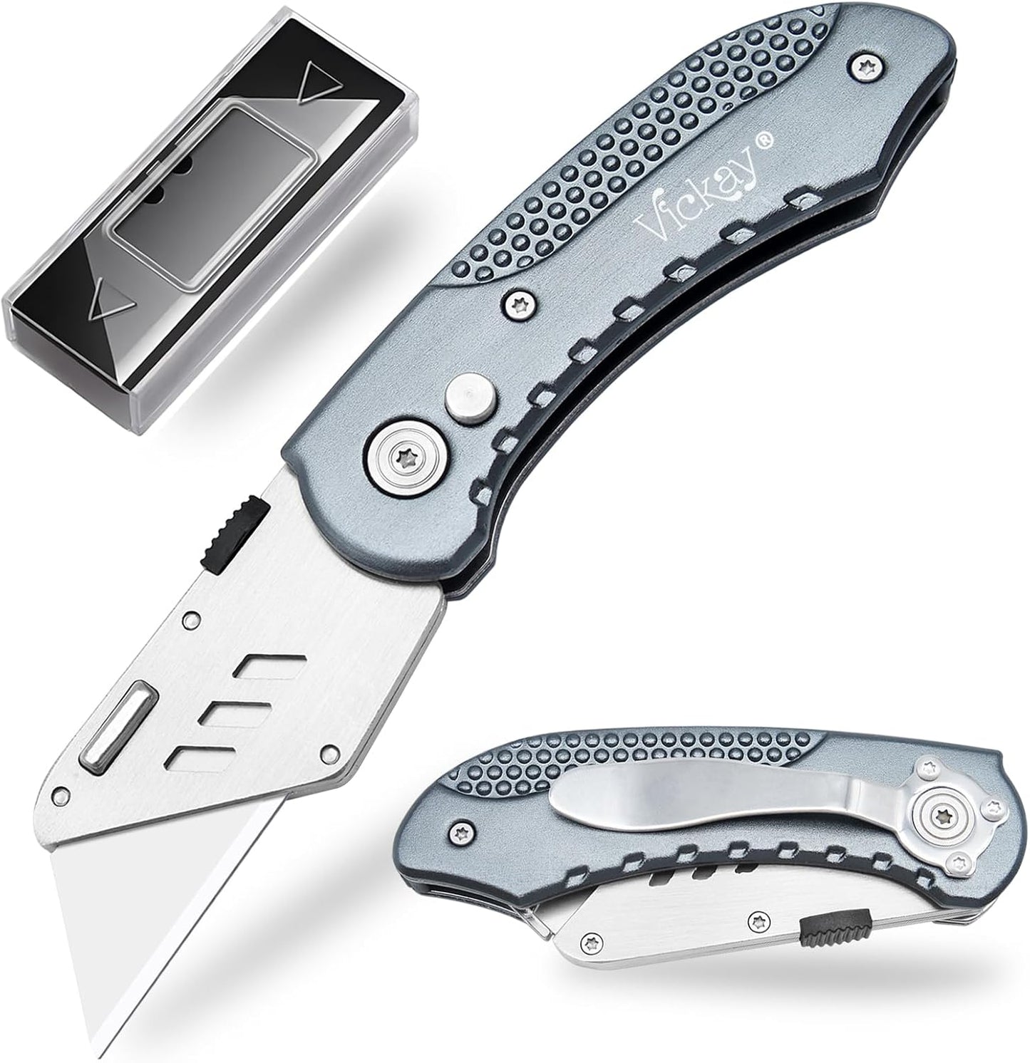 Folding Utility Knife, Box Cutter with 5 SK5 Quick Change Blades, Safety Axis Lock Design Razor Knife, Lightweight Aluminum Handle Belt Clip for Office Home Artcraft （Light Purple)