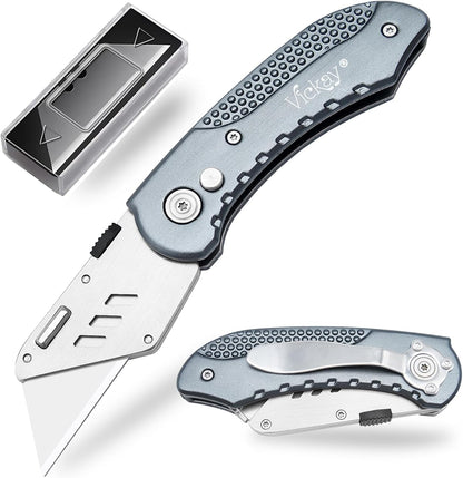 Folding Utility Knife, Box Cutter with 5 SK5 Quick Change Blades, Safety Axis Lock Design Razor Knife, Lightweight Aluminum Handle Belt Clip for Office Home Artcraft （Light Purple)