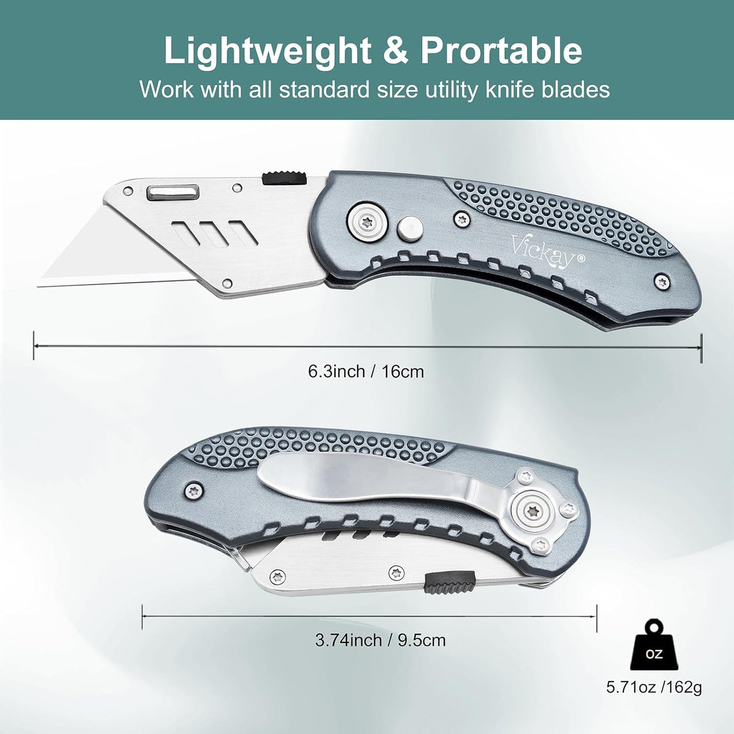 Folding Utility Knife, Box Cutter with 5 SK5 Quick Change Blades, Safety Axis Lock Design Razor Knife, Lightweight Aluminum Handle Belt Clip for Office Home Artcraft （Light Purple)