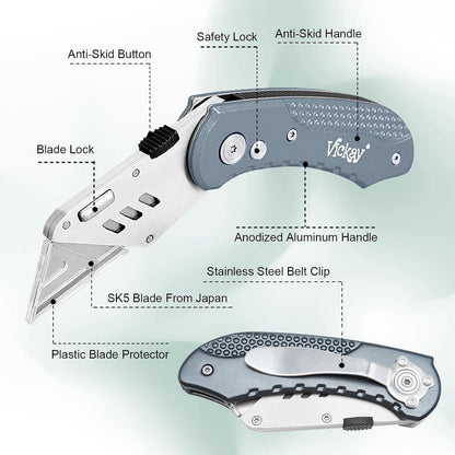 Folding Utility Knife, Box Cutter with 5 SK5 Quick Change Blades, Safety Axis Lock Design Razor Knife, Lightweight Aluminum Handle Belt Clip for Office Home Artcraft （Light Purple)