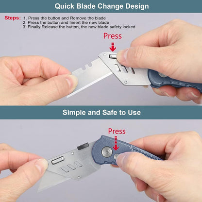 Folding Utility Knife, Box Cutter with 5 SK5 Quick Change Blades, Safety Axis Lock Design Razor Knife, Lightweight Aluminum Handle Belt Clip for Office Home Artcraft （Light Purple)