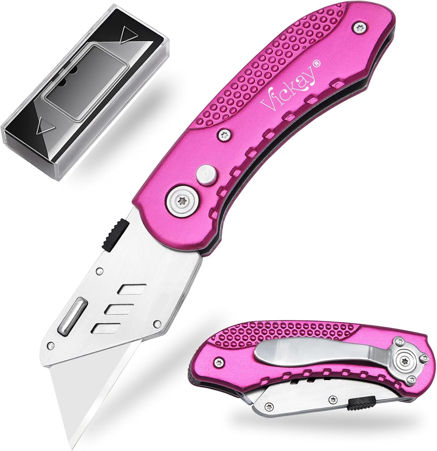 Folding Utility Knife, Box Cutter with 5 SK5 Quick Change Blades, Safety Axis Lock Design Razor Knife, Lightweight Aluminum Handle Belt Clip for Office Home Artcraft （Light Purple)
