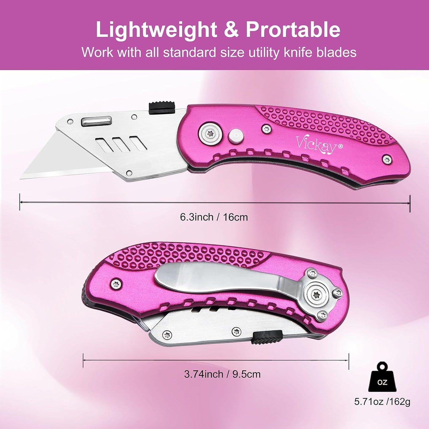 Folding Utility Knife, Box Cutter with 5 SK5 Quick Change Blades, Safety Axis Lock Design Razor Knife, Lightweight Aluminum Handle Belt Clip for Office Home Artcraft （Light Purple)