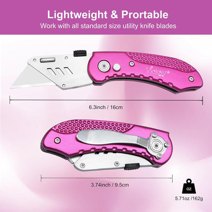 Folding Utility Knife, Box Cutter with 5 SK5 Quick Change Blades, Safety Axis Lock Design Razor Knife, Lightweight Aluminum Handle Belt Clip for Office Home Artcraft （Light Purple)