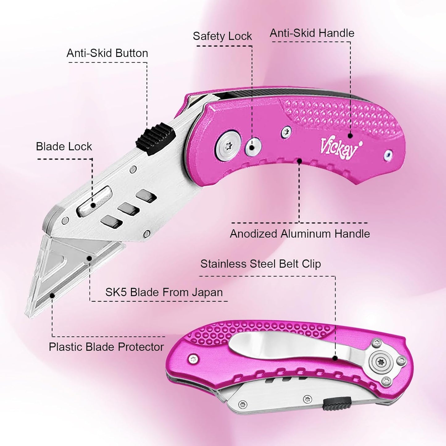 Folding Utility Knife, Box Cutter with 5 SK5 Quick Change Blades, Safety Axis Lock Design Razor Knife, Lightweight Aluminum Handle Belt Clip for Office Home Artcraft （Light Purple)