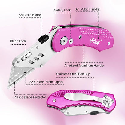 Folding Utility Knife, Box Cutter with 5 SK5 Quick Change Blades, Safety Axis Lock Design Razor Knife, Lightweight Aluminum Handle Belt Clip for Office Home Artcraft （Light Purple)