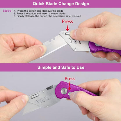 Folding Utility Knife, Box Cutter with 5 SK5 Quick Change Blades, Safety Axis Lock Design Razor Knife, Lightweight Aluminum Handle Belt Clip for Office Home Artcraft （Light Purple)