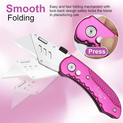 Folding Utility Knife, Box Cutter with 5 SK5 Quick Change Blades, Safety Axis Lock Design Razor Knife, Lightweight Aluminum Handle Belt Clip for Office Home Artcraft （Light Purple)