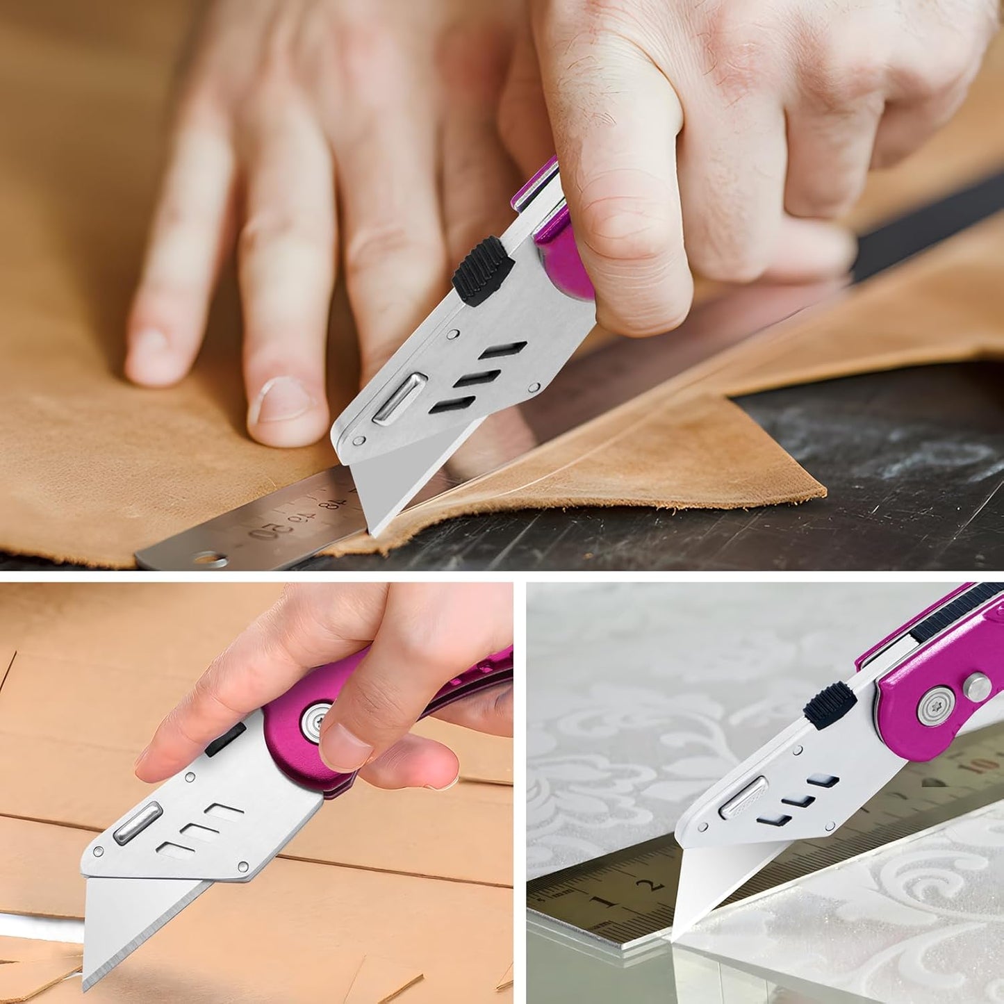 Folding Utility Knife, Box Cutter with 5 SK5 Quick Change Blades, Safety Axis Lock Design Razor Knife, Lightweight Aluminum Handle Belt Clip for Office Home Artcraft （Light Purple)
