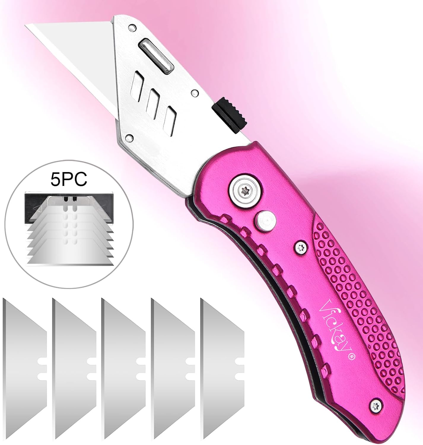 Folding Utility Knife, Box Cutter with 5 SK5 Quick Change Blades, Safety Axis Lock Design Razor Knife, Lightweight Aluminum Handle Belt Clip for Office Home Artcraft （Light Purple)