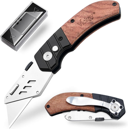 Folding Utility Knife, Box Cutter with 5 SK5 Quick Change Blades, Safety Axis Lock Design Razor Knife, Lightweight Aluminum Handle Belt Clip for Office Home Artcraft （Light Purple)