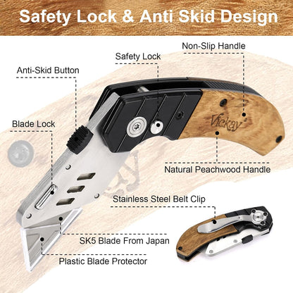 Folding Utility Knife, Box Cutter with 5 SK5 Quick Change Blades, Safety Axis Lock Design Razor Knife, Lightweight Aluminum Handle Belt Clip for Office Home Artcraft （Light Purple)