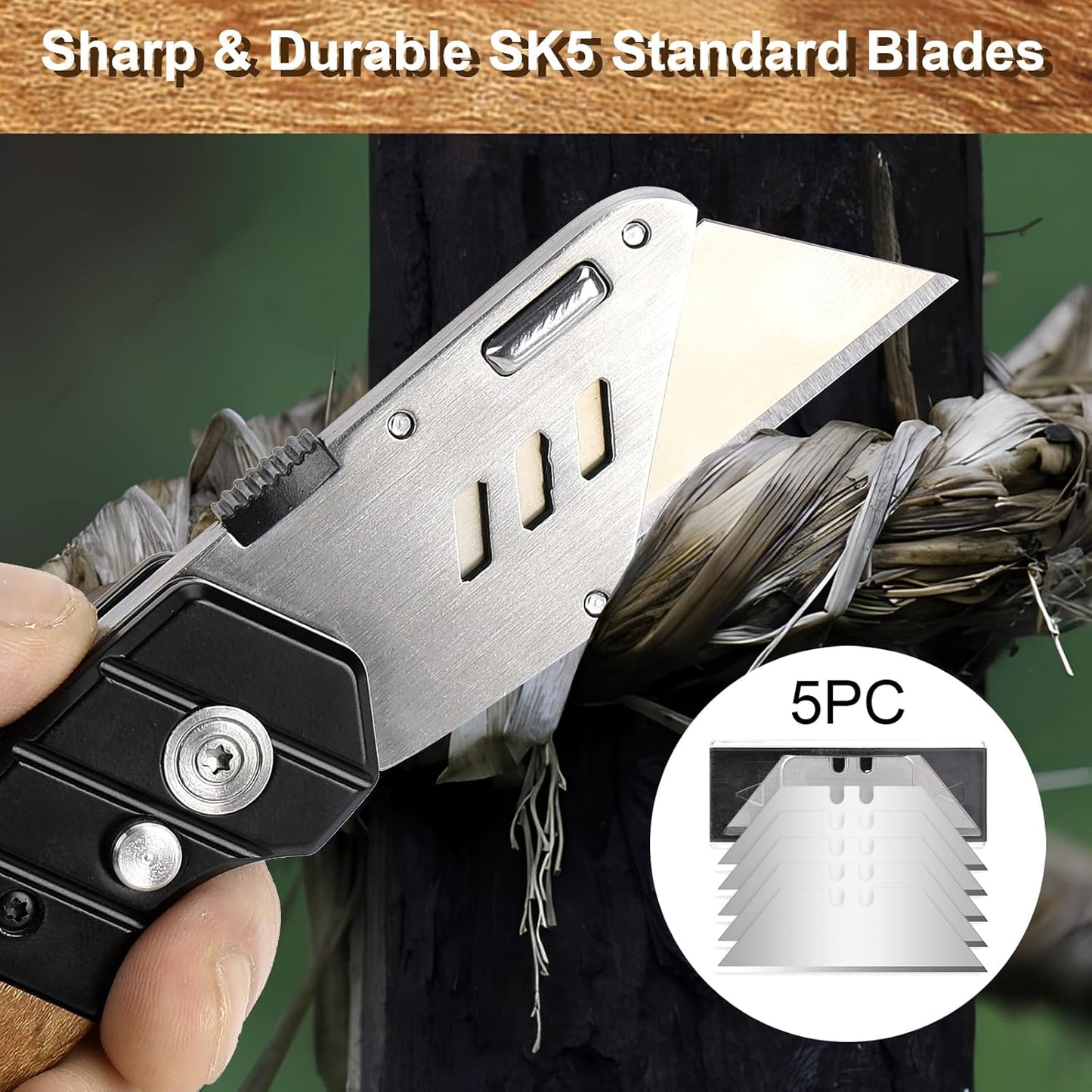 Folding Utility Knife, Box Cutter with 5 SK5 Quick Change Blades, Safety Axis Lock Design Razor Knife, Lightweight Aluminum Handle Belt Clip for Office Home Artcraft （Light Purple)
