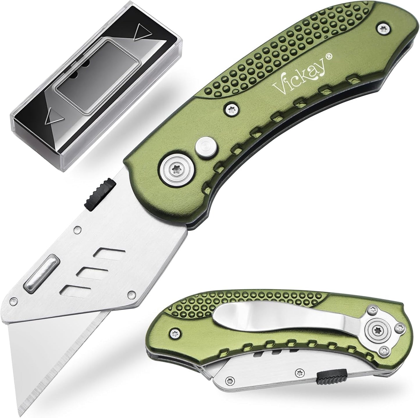 Folding Utility Knife, Box Cutter with 5 SK5 Quick Change Blades, Safety Axis Lock Design Razor Knife, Lightweight Aluminum Handle Belt Clip for Office Home Artcraft （Light Purple)