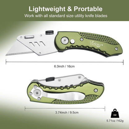 Folding Utility Knife, Box Cutter with 5 SK5 Quick Change Blades, Safety Axis Lock Design Razor Knife, Lightweight Aluminum Handle Belt Clip for Office Home Artcraft （Light Purple)