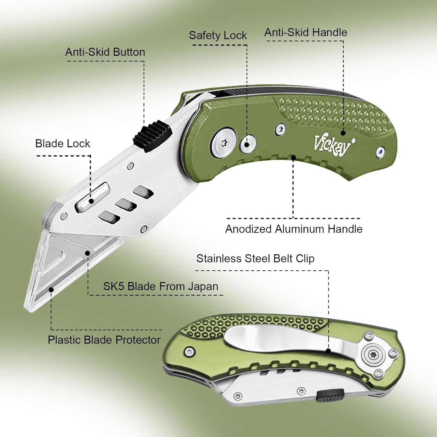 Folding Utility Knife, Box Cutter with 5 SK5 Quick Change Blades, Safety Axis Lock Design Razor Knife, Lightweight Aluminum Handle Belt Clip for Office Home Artcraft （Light Purple)
