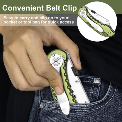 Folding Utility Knife, Box Cutter with 5 SK5 Quick Change Blades, Safety Axis Lock Design Razor Knife, Lightweight Aluminum Handle Belt Clip for Office Home Artcraft （Light Purple)
