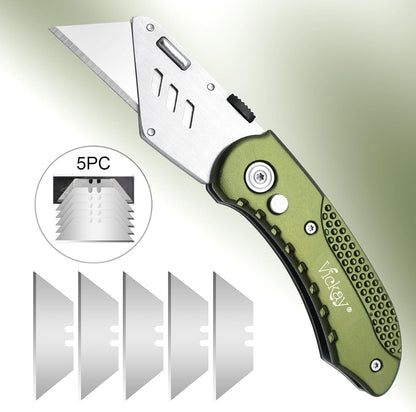Folding Utility Knife, Box Cutter with 5 SK5 Quick Change Blades, Safety Axis Lock Design Razor Knife, Lightweight Aluminum Handle Belt Clip for Office Home Artcraft （Light Purple)