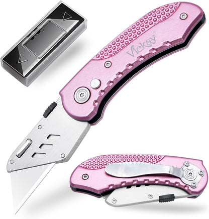 Folding Utility Knife, Box Cutter with 5 SK5 Quick Change Blades, Safety Axis Lock Design Razor Knife, Lightweight Aluminum Handle Belt Clip for Office Home Artcraft （Light Purple)