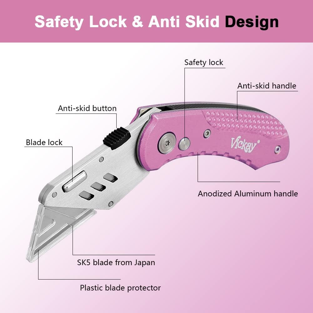 Folding Utility Knife, Box Cutter with 5 SK5 Quick Change Blades, Safety Axis Lock Design Razor Knife, Lightweight Aluminum Handle Belt Clip for Office Home Artcraft （Light Purple)