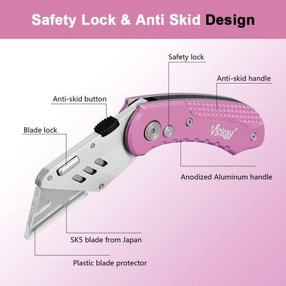 Folding Utility Knife, Box Cutter with 5 SK5 Quick Change Blades, Safety Axis Lock Design Razor Knife, Lightweight Aluminum Handle Belt Clip for Office Home Artcraft （Light Purple)