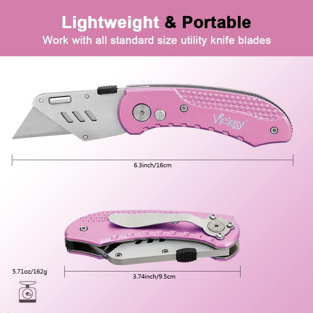 Folding Utility Knife, Box Cutter with 5 SK5 Quick Change Blades, Safety Axis Lock Design Razor Knife, Lightweight Aluminum Handle Belt Clip for Office Home Artcraft （Light Purple)