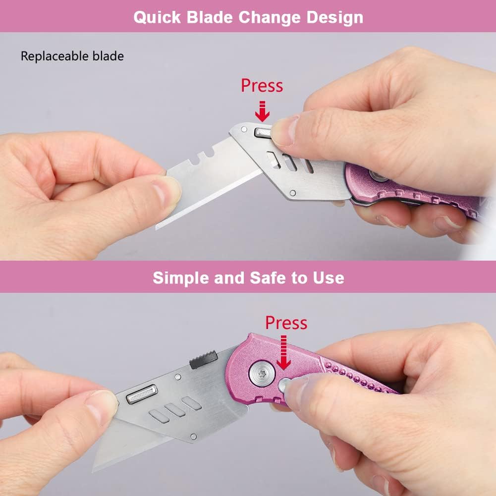 Folding Utility Knife, Box Cutter with 5 SK5 Quick Change Blades, Safety Axis Lock Design Razor Knife, Lightweight Aluminum Handle Belt Clip for Office Home Artcraft （Light Purple)