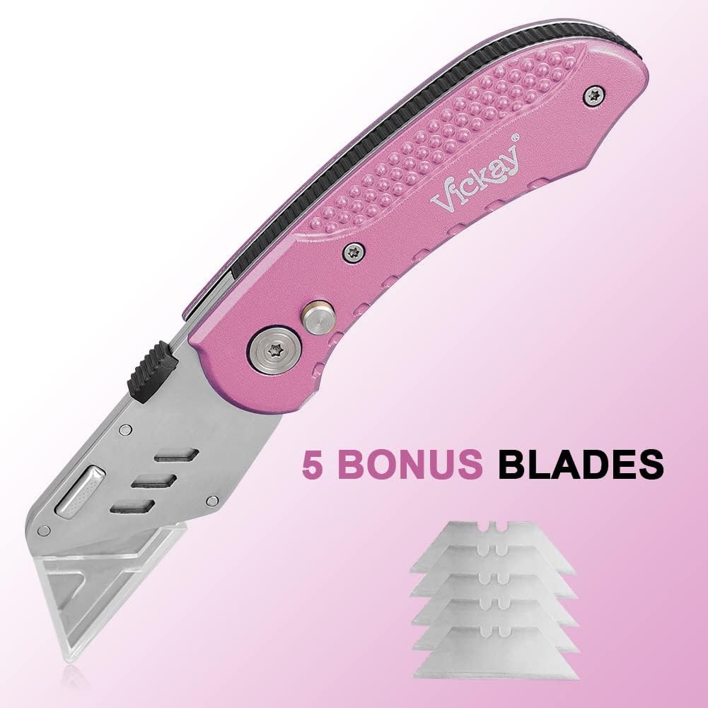 Folding Utility Knife, Box Cutter with 5 SK5 Quick Change Blades, Safety Axis Lock Design Razor Knife, Lightweight Aluminum Handle Belt Clip for Office Home Artcraft （Light Purple)