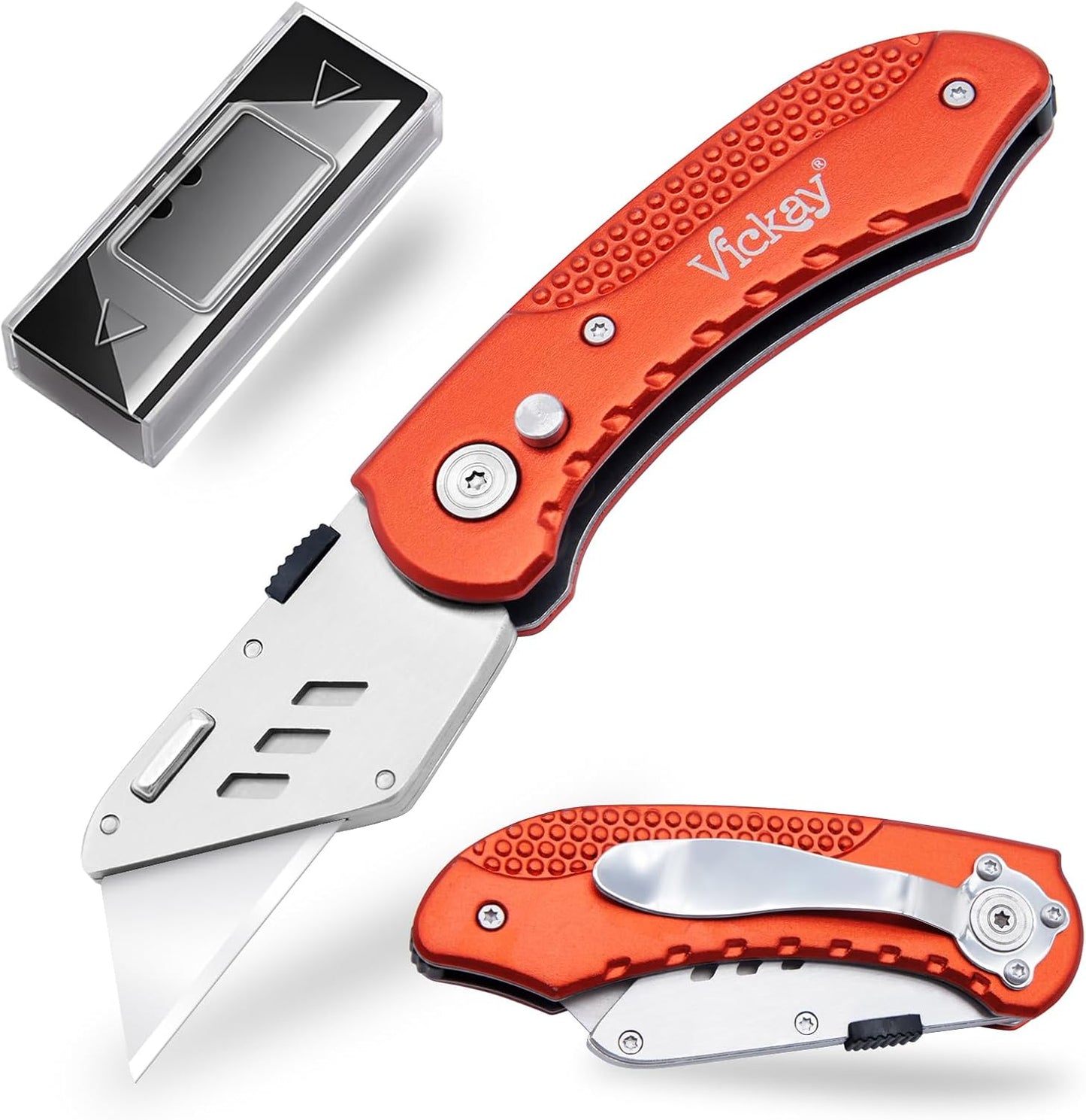 Folding Utility Knife, Box Cutter with 5 SK5 Quick Change Blades, Safety Axis Lock Design Razor Knife, Lightweight Aluminum Handle Belt Clip for Office Home Artcraft （Light Purple)