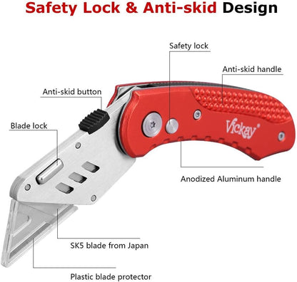Folding Utility Knife, Box Cutter with 5 SK5 Quick Change Blades, Safety Axis Lock Design Razor Knife, Lightweight Aluminum Handle Belt Clip for Office Home Artcraft （Light Purple)