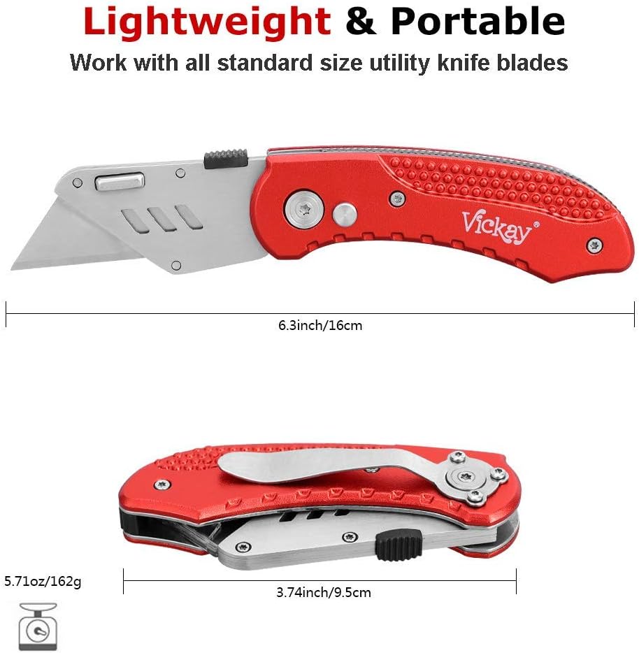 Folding Utility Knife, Box Cutter with 5 SK5 Quick Change Blades, Safety Axis Lock Design Razor Knife, Lightweight Aluminum Handle Belt Clip for Office Home Artcraft （Light Purple)