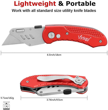 Folding Utility Knife, Box Cutter with 5 SK5 Quick Change Blades, Safety Axis Lock Design Razor Knife, Lightweight Aluminum Handle Belt Clip for Office Home Artcraft （Light Purple)