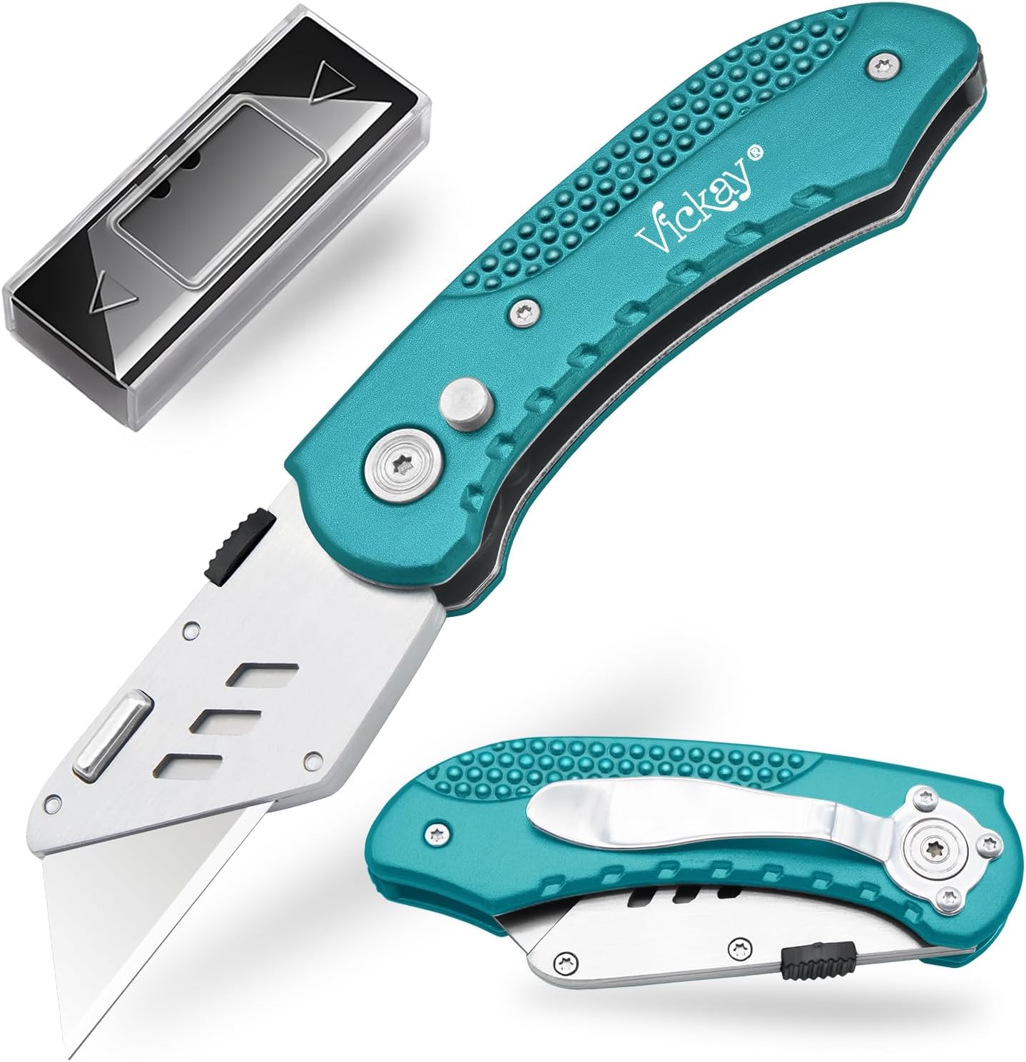Folding Utility Knife, Box Cutter with 5 SK5 Quick Change Blades, Safety Axis Lock Design Razor Knife, Lightweight Aluminum Handle Belt Clip for Office Home Artcraft （Light Purple)